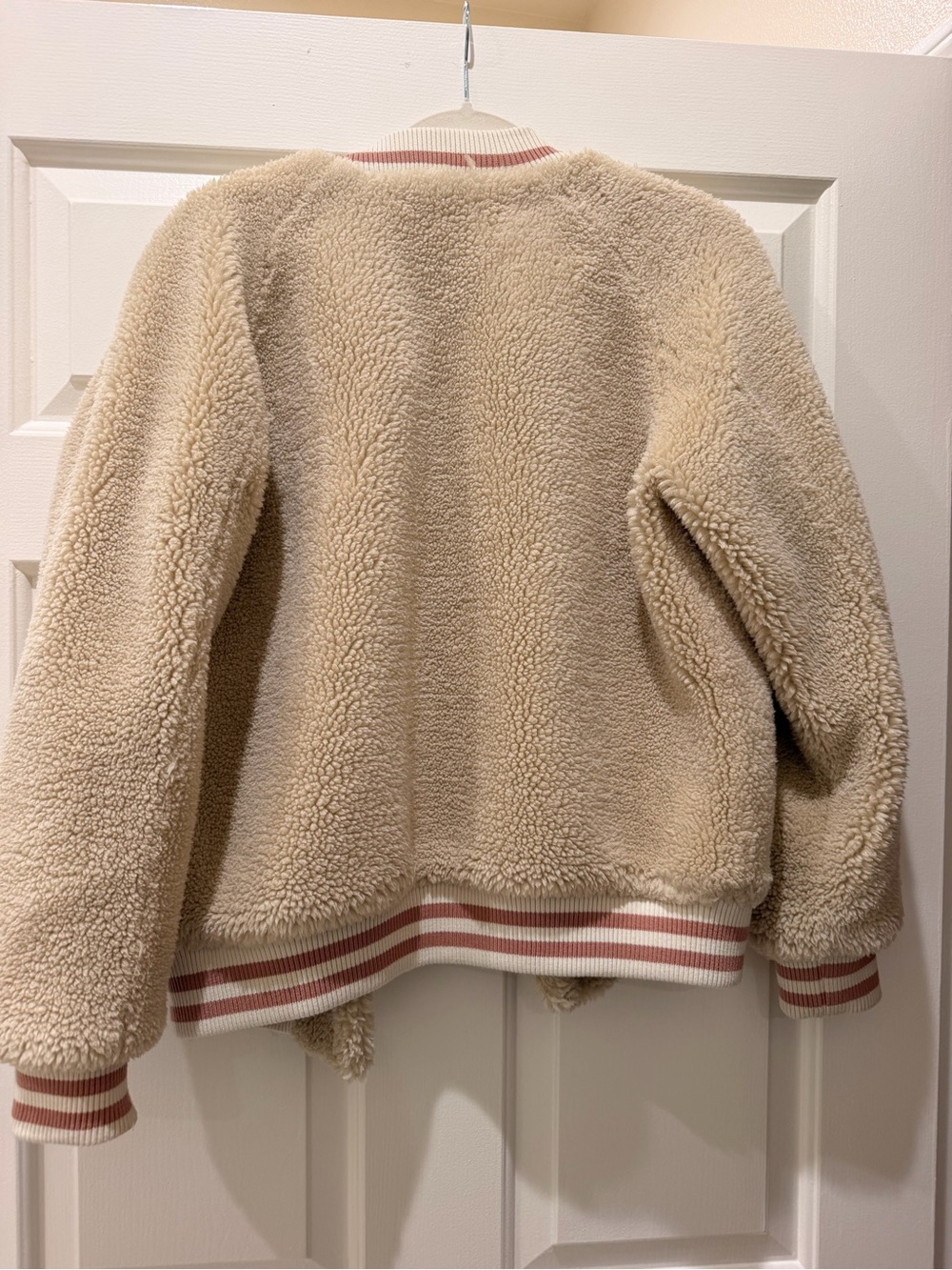MOTHER Cream Sherpa Bomber Jacket with Pink-Striped Trim - Picture 5 of 7